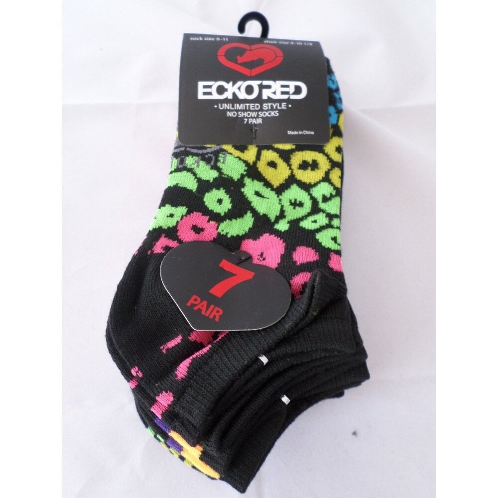 7 Pair Ecko Red No Show Socks Blue Black Pink Stripe Yellow 4-10 1/2